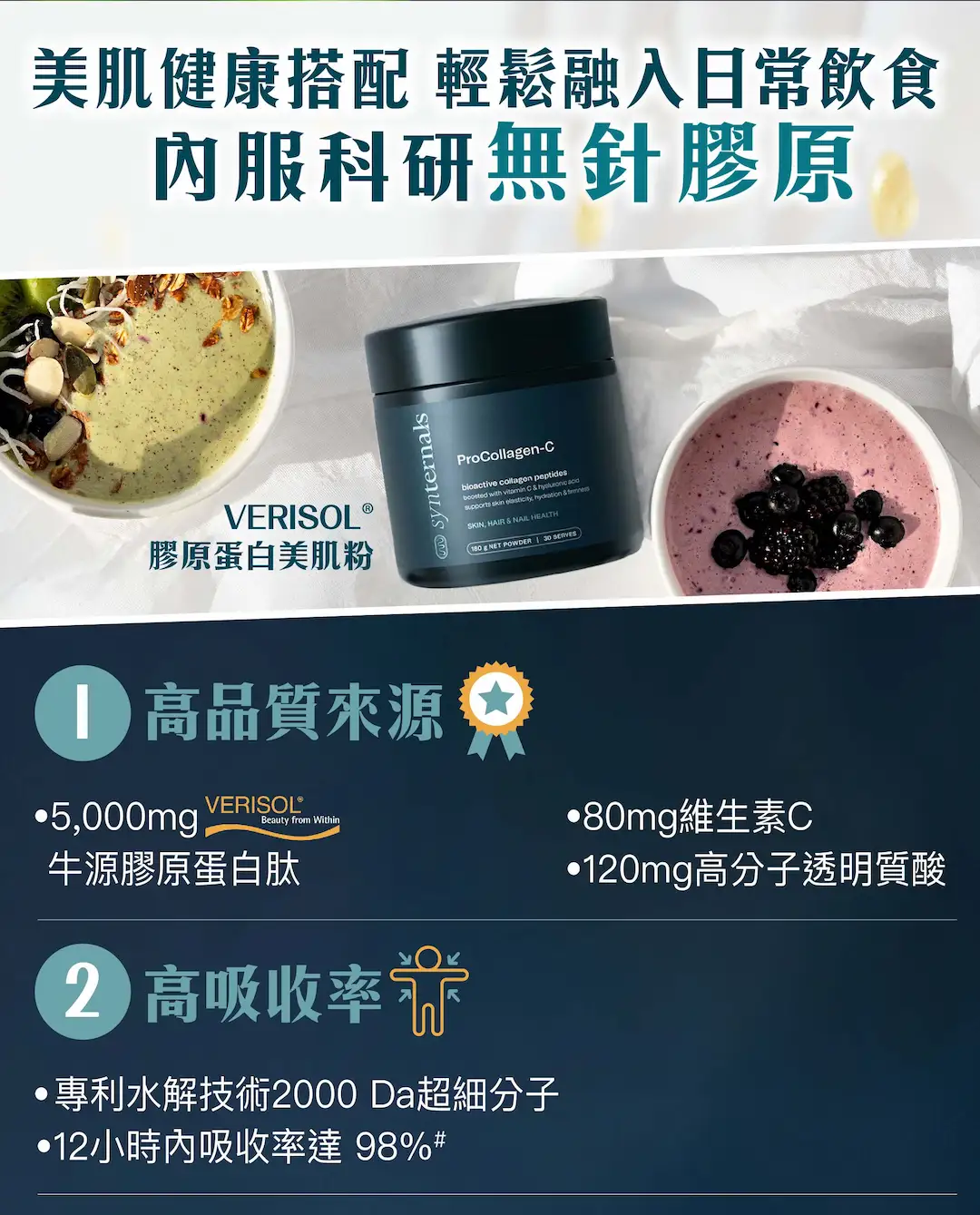 SynTernals VERISOL® 膠原蛋白美肌粉，結合高濃高效5000mg水解膠原蛋白肽與雙重滋潤成分，無腥味，輕鬆融入日常飲食中！輕鬆吸收足夠膠原蛋白，肌膚更緊緻有彈性，改善頭髮指甲健康，效果持久