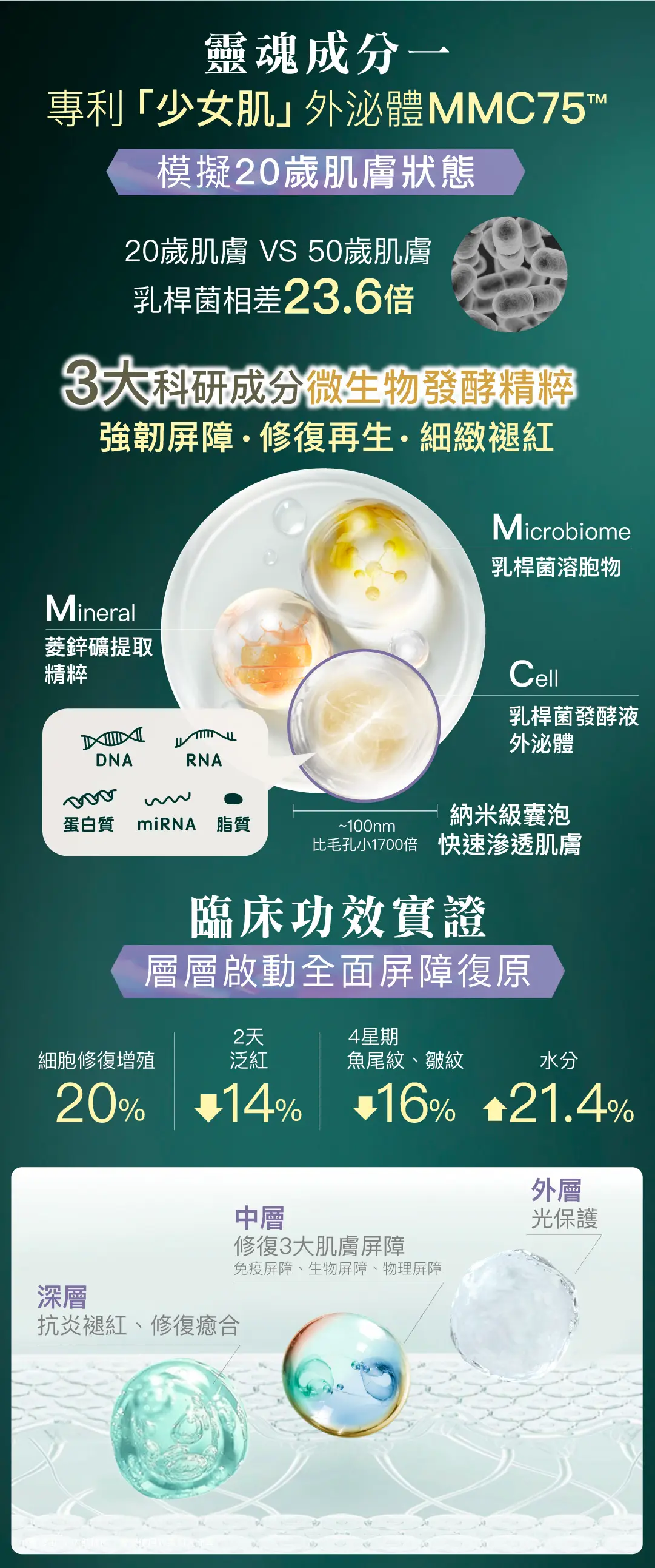 靈魂成分專利MMC75™少女肌外泌體有效模擬20歲肌膚健康微生態，實現內源性抗老與屏障修復。