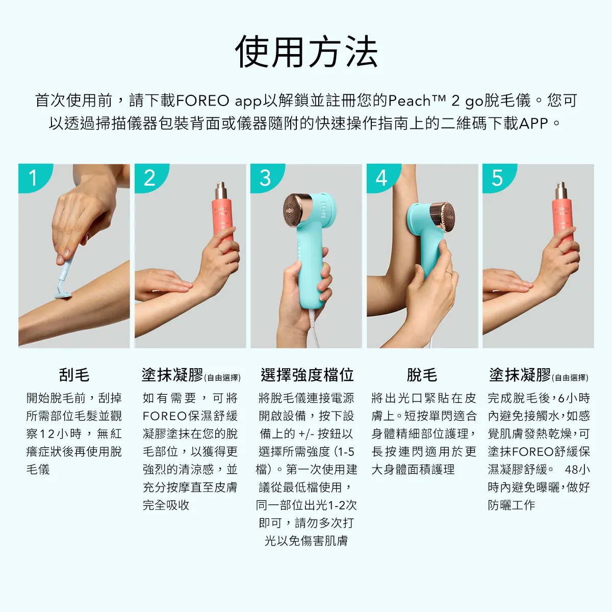 首次使用前，請下載FOREO APP以解鎖並註冊您的Peach™ 2 go脫毛儀。剃掉毛髮後，選擇適合的強度，將出光口貼合皮膚，大面積滑動或小面積點擊閃光，即可完成脫毛。
