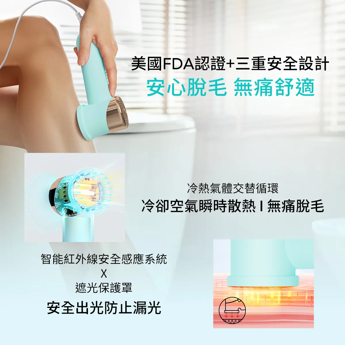 智慧空氣冰膚系統，360°全方冷卻出光口，透過通風口將冷空氣吸入儀器，冷熱氣體交替循環，冷卻出光口，瞬時散熱。