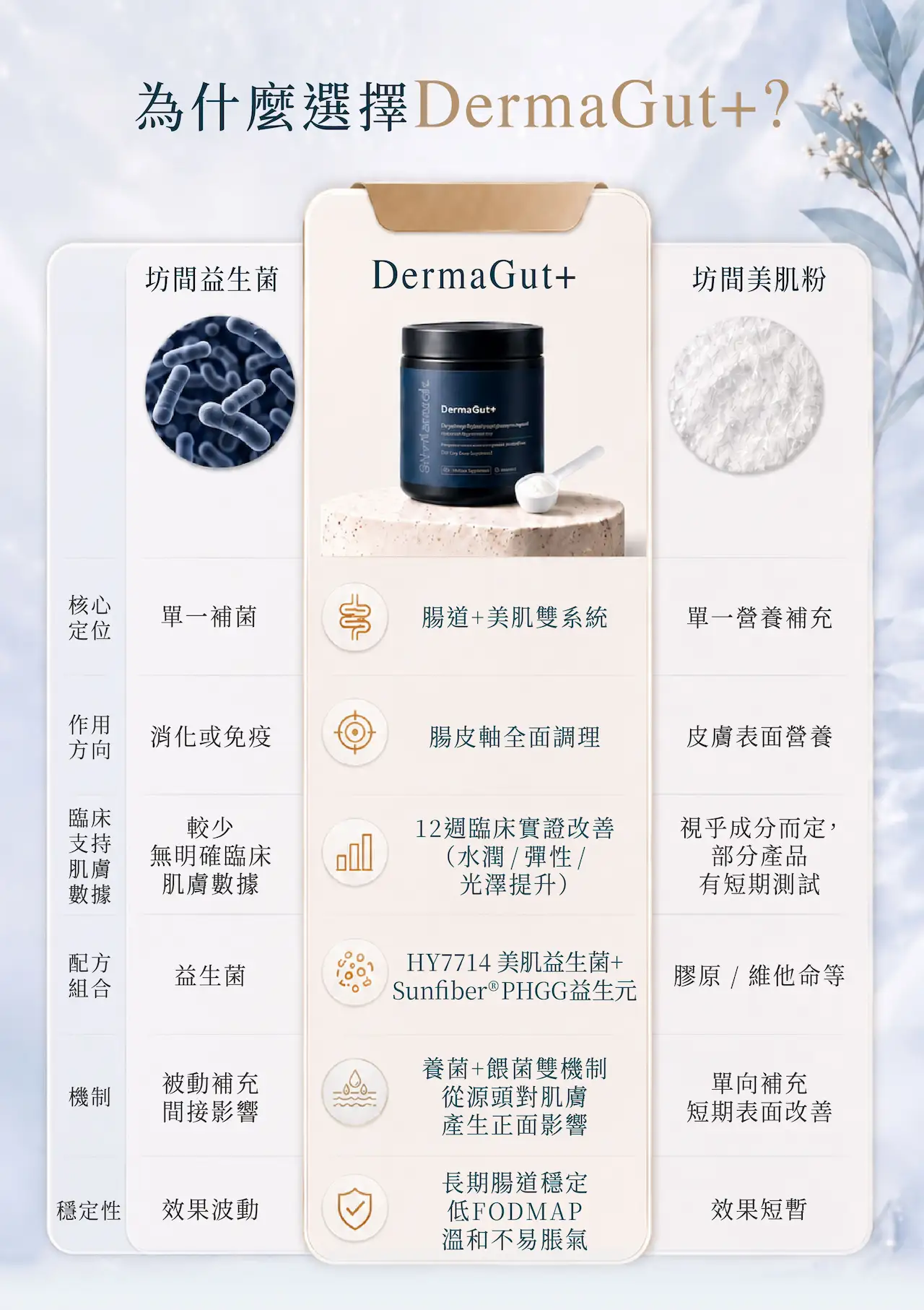DermaGut+美肌益生菌比較，對比普通益生菌及美肌粉配方差異。SynTernals DermaGut+結合HY7714專利美肌益生菌與Sunfiber® PHGG益生元，透過腸皮軸調理腸道及肌膚健康，支持敏感肌改善與肌膚屏障修復。