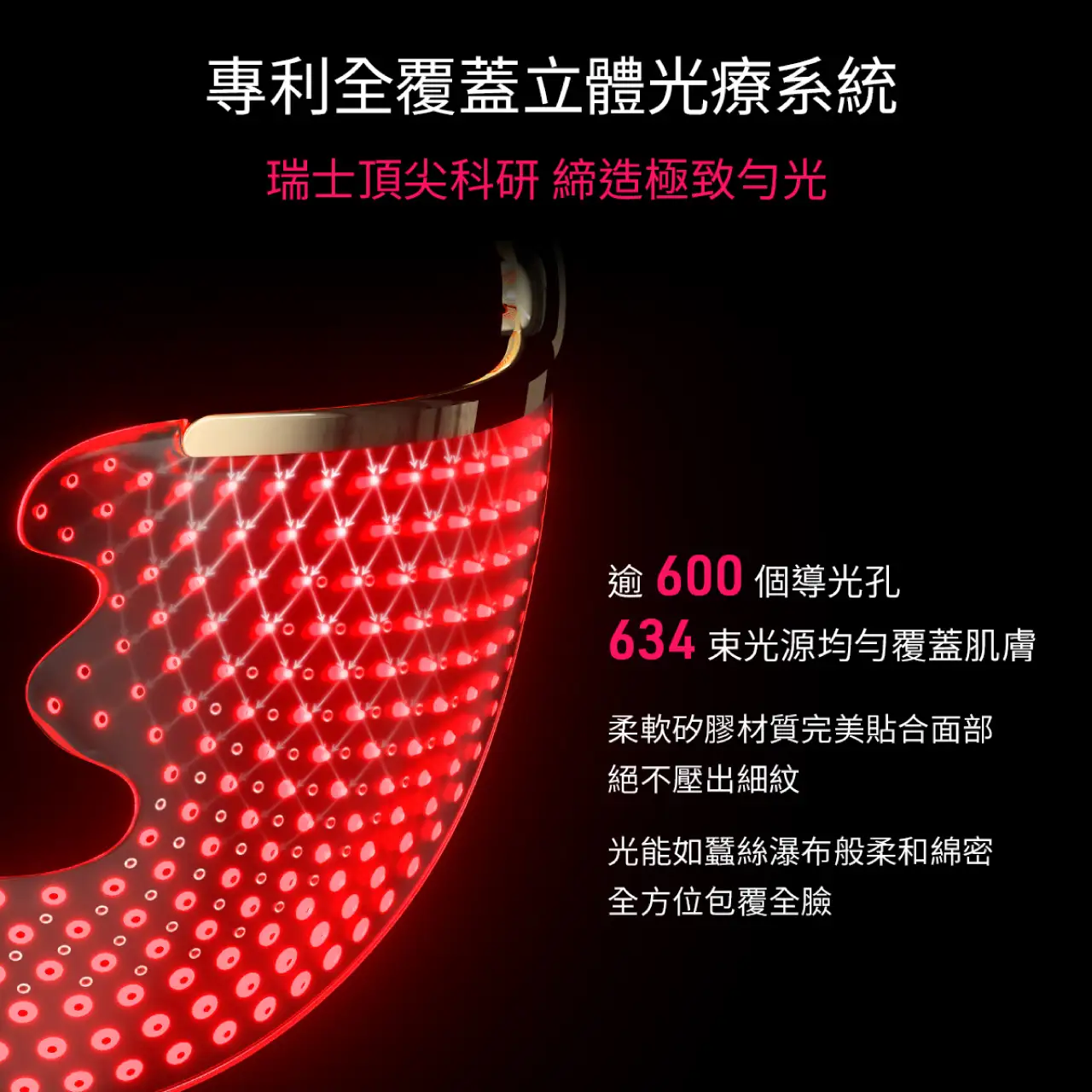 逾600個導光孔及634束光源均勻覆蓋全臉，柔軟矽膠貼合