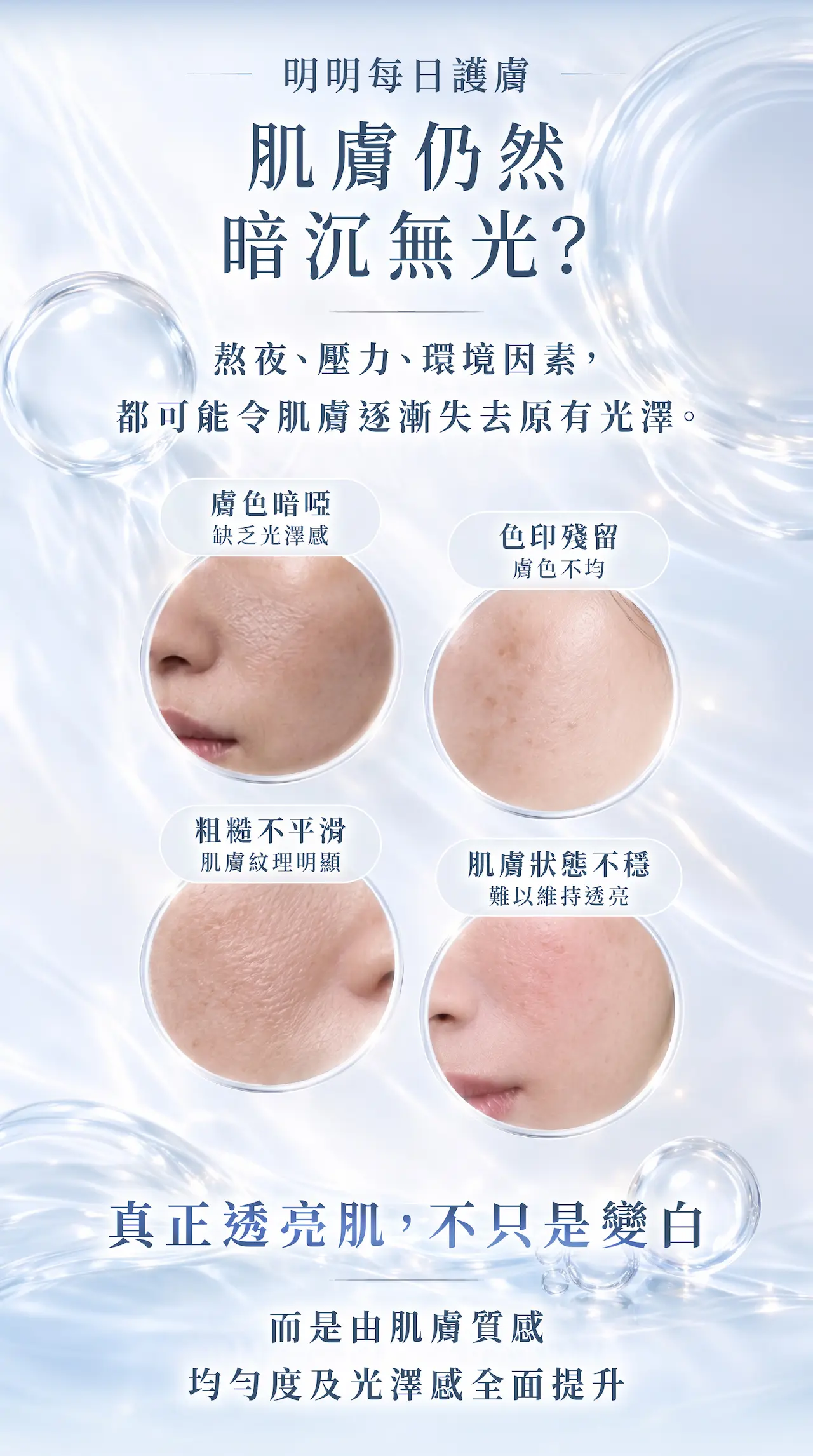 熬夜、壓力及環境因素令肌膚出現暗沉、色印、粗糙及狀態不穩;Lumi-EX由肌膚質感、均勻度及光澤感全面提升。
