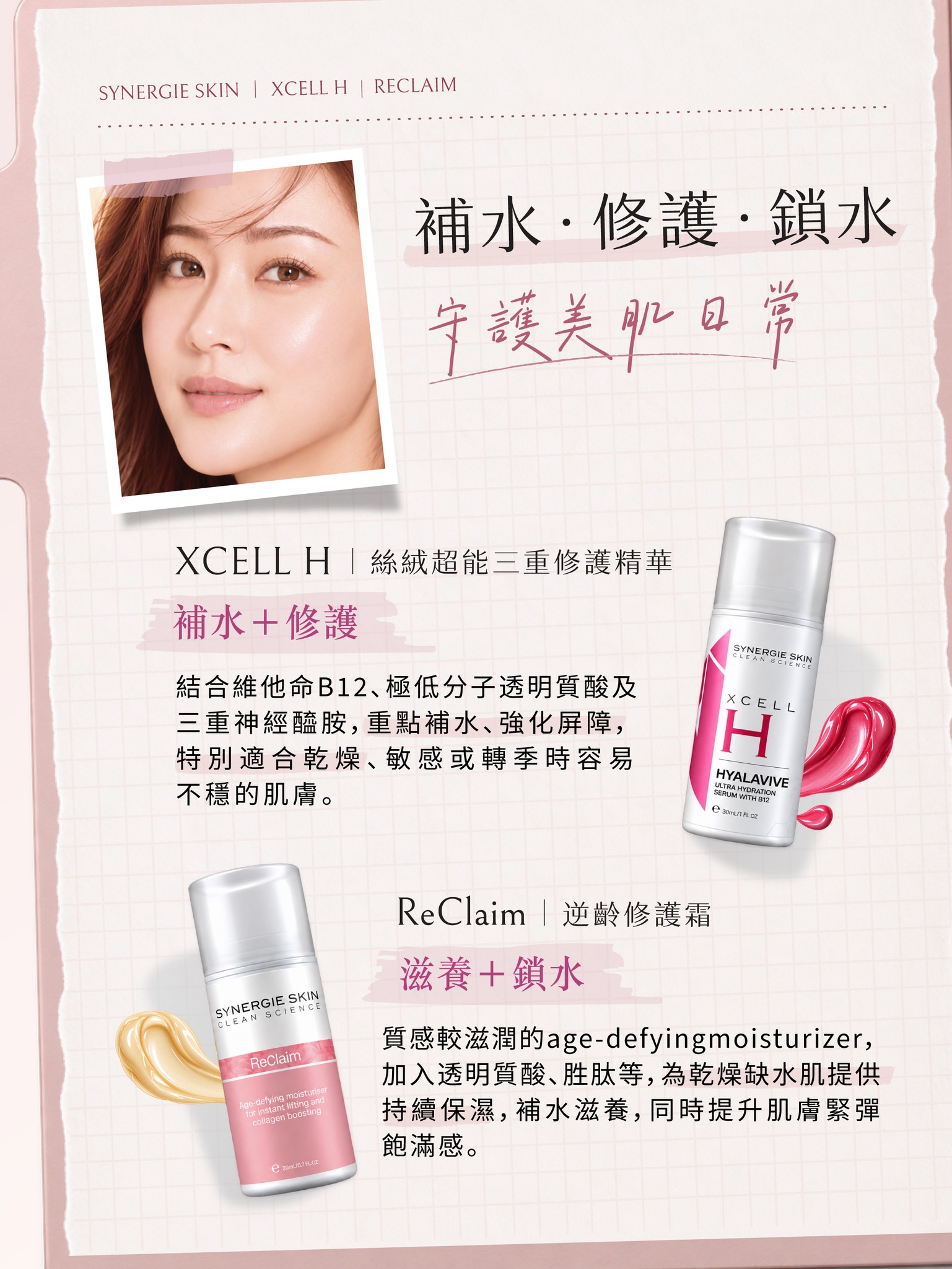 Synergie Skin XCELL H 絲絨超能三重修護精華(補水+修護)及 ReClaim 逆齡修護霜(滋養+鎖水),標題「補水・修護・鎖水 守護美肌日常」
